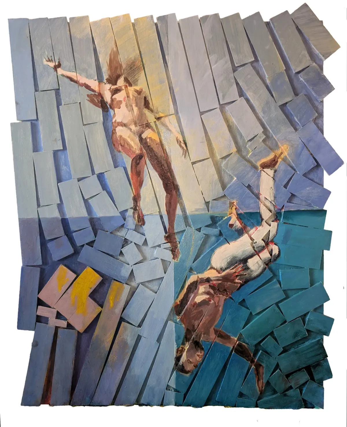 Male and female figures falling on wood strips - Nicholas Stedman