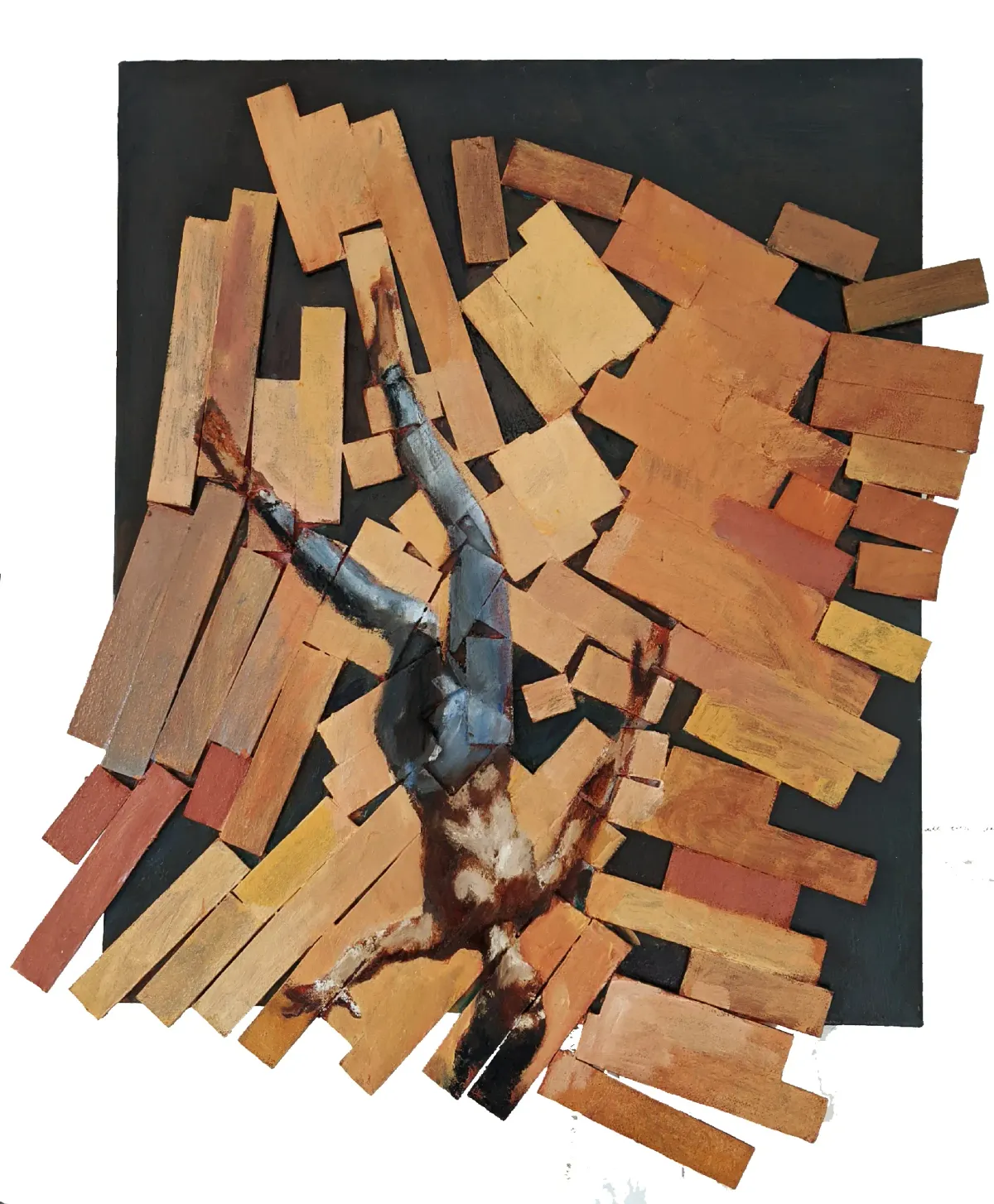 Oil painting of a woman falling on wood fragments by Nicholas Stedman